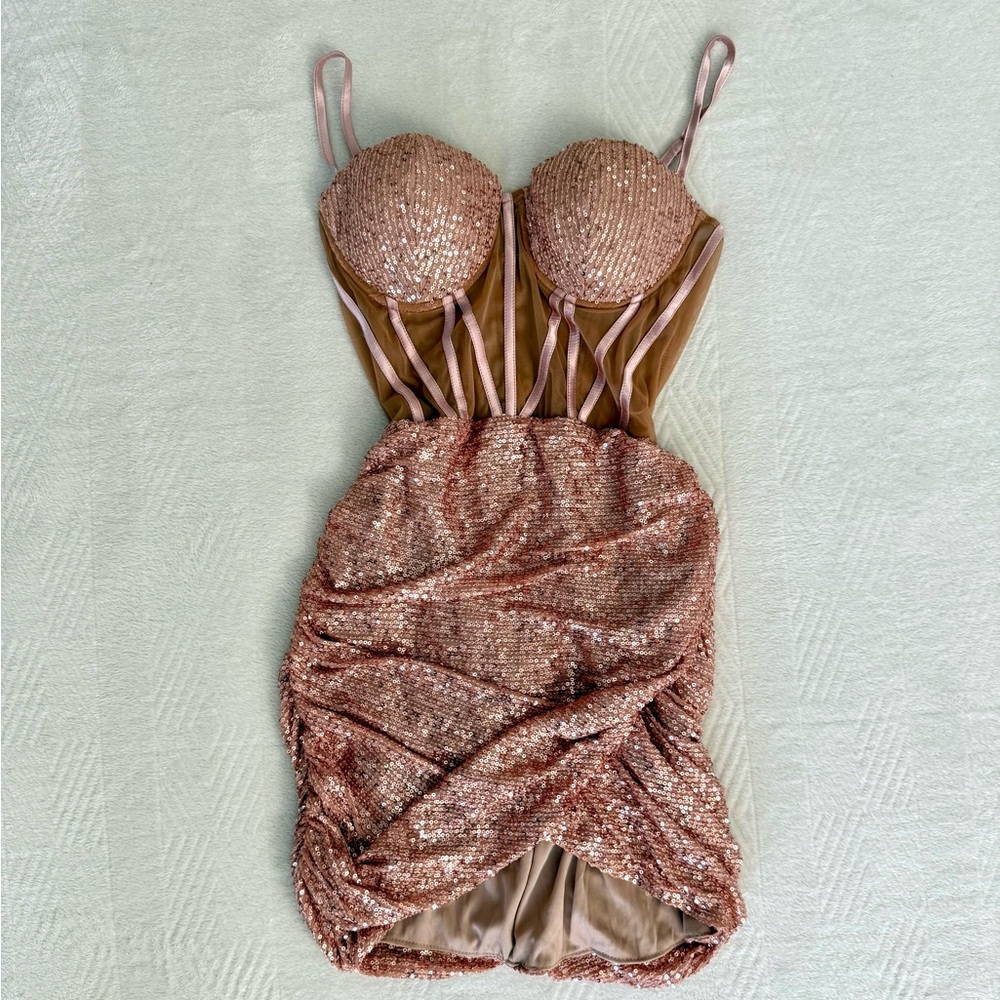 FashionNova Rose Gold Sequin Scrunch Dress
